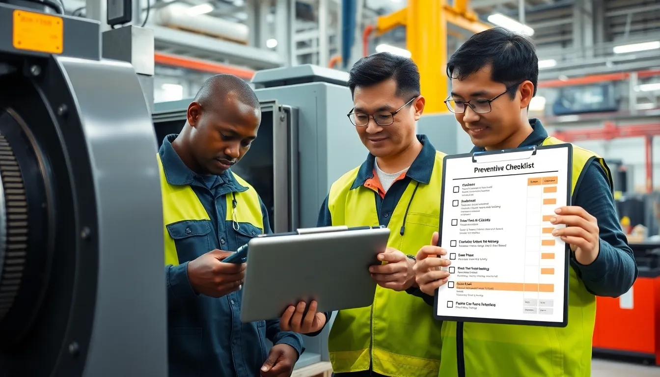 maintenance team inspecting machinery with a checklist.