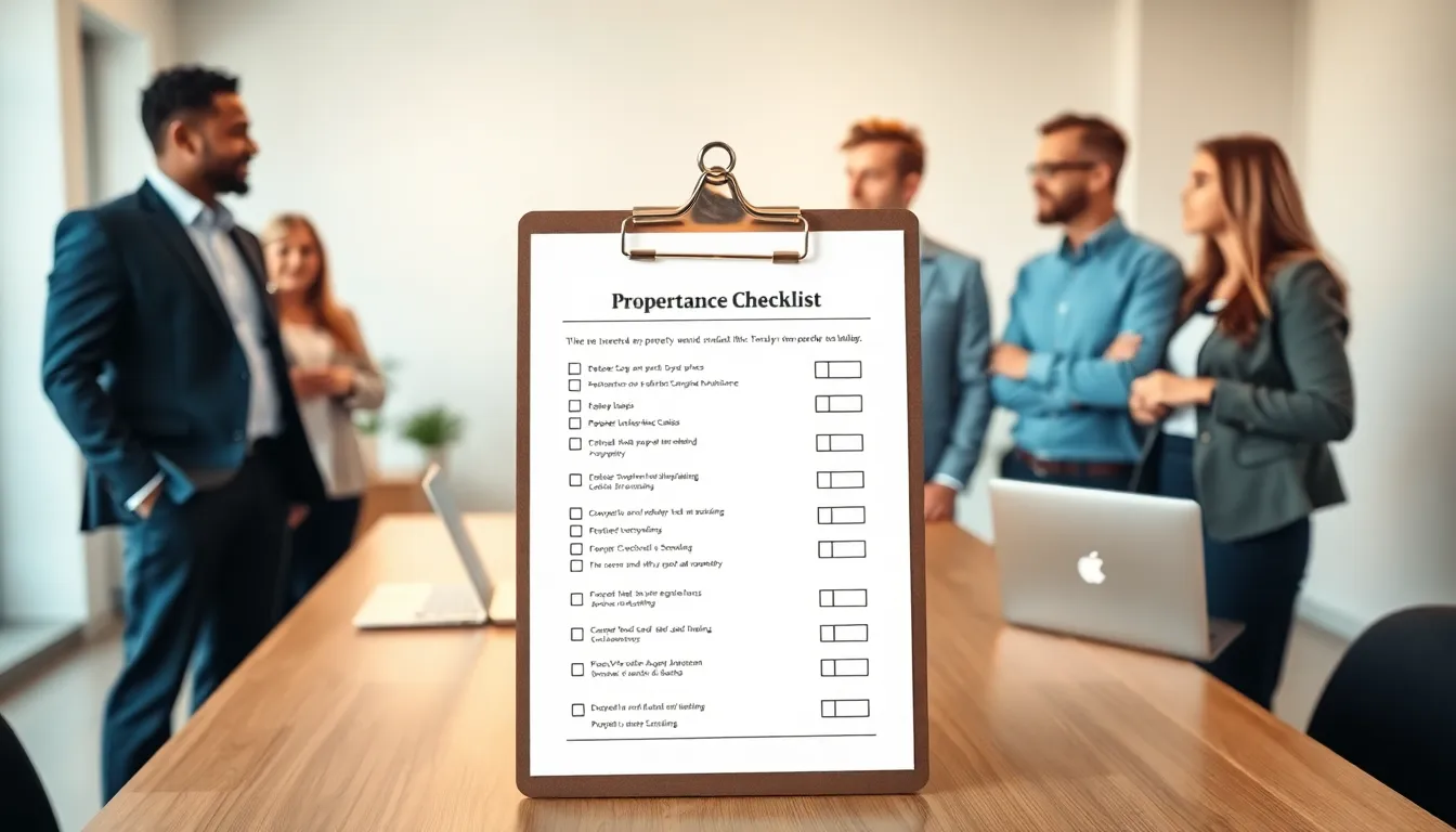 Property maintenance checklist in a modern office with diverse professionals.
