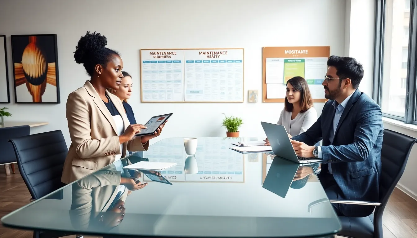 diverse professionals discussing property maintenance in a modern office.