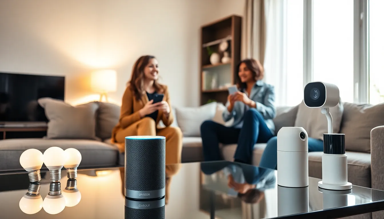 modern living room with Amazon smart home devices and diverse professionals.