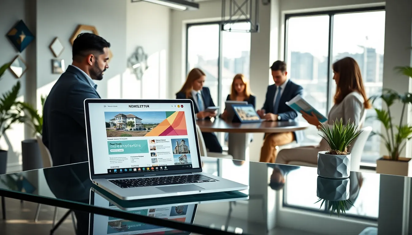 diverse team discussing real estate newsletters in a modern office.
