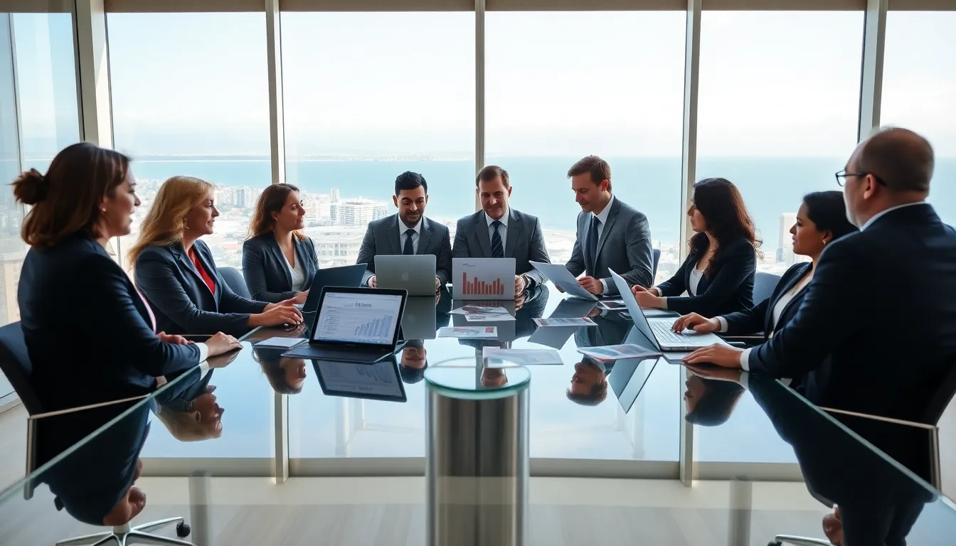 diverse real estate team discussing market trends in a modern office.