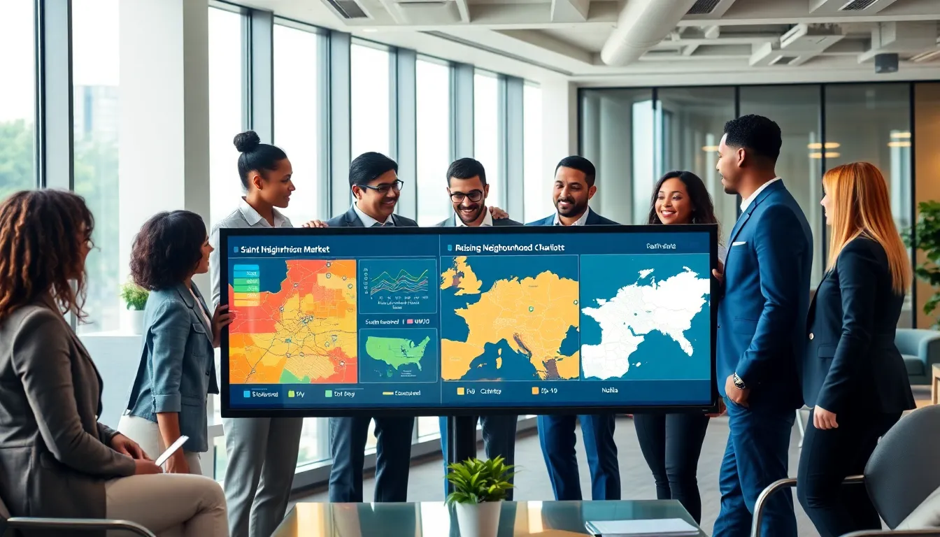 diverse real estate team analyzing market trends in an office setting.