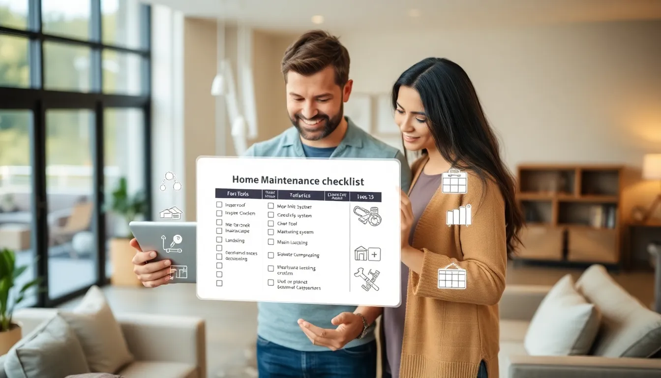 diverse homeowners reviewing a home maintenance checklist in a bright living room.