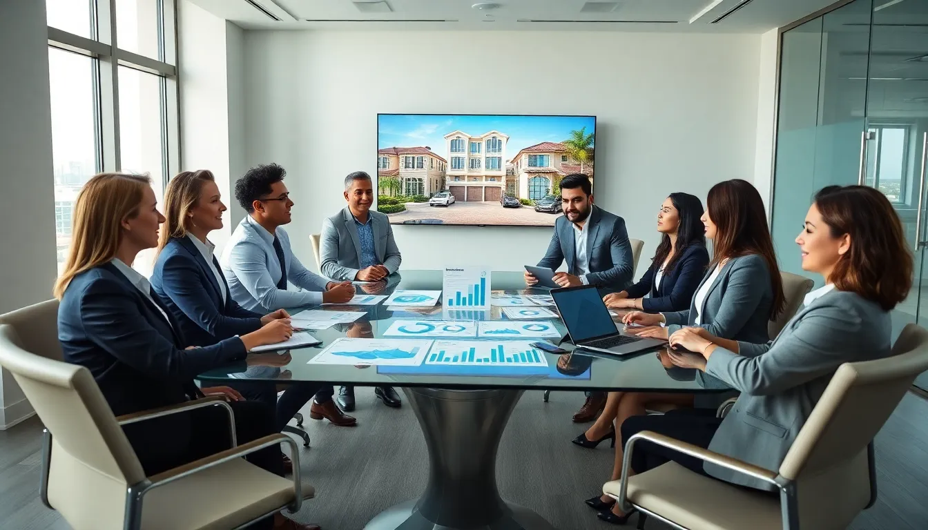 diverse real estate team discussing market trends in a modern office.