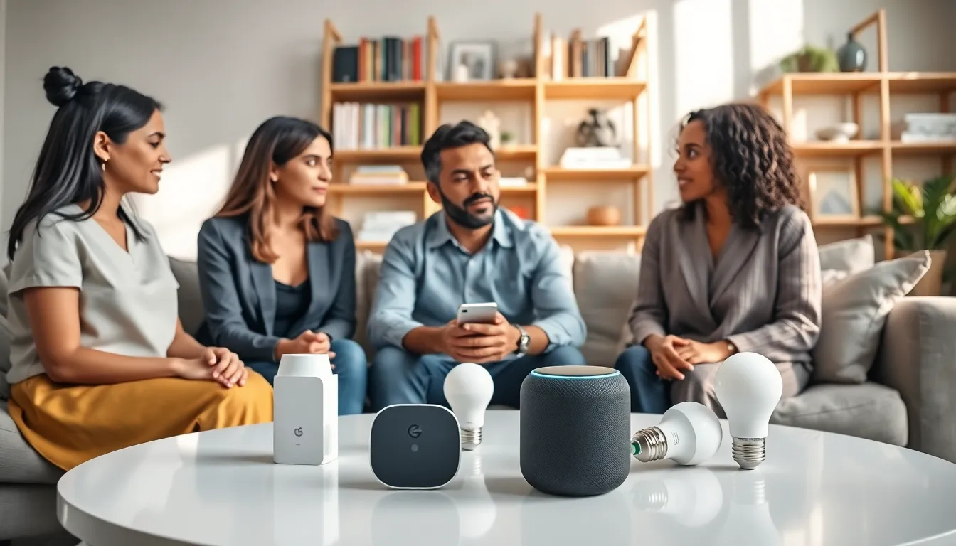 diverse team discussing Google Nest accessories in a modern living room.