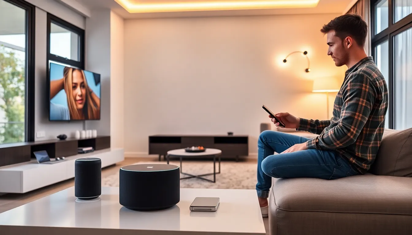 modern living room with Apple Home Devices and a person controlling them.