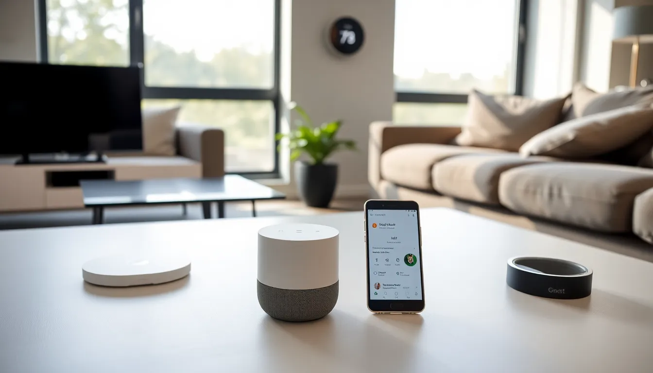 modern living room featuring Google devices for smart home integration.