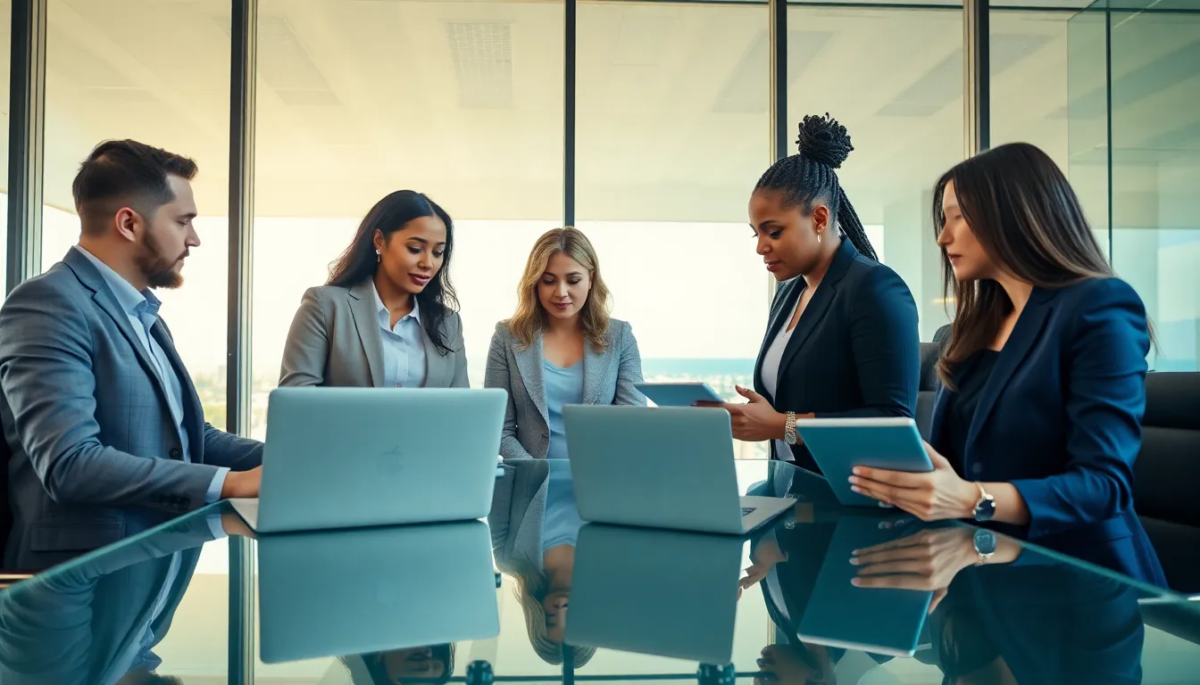 diverse real estate team discussing market trends in a modern office.