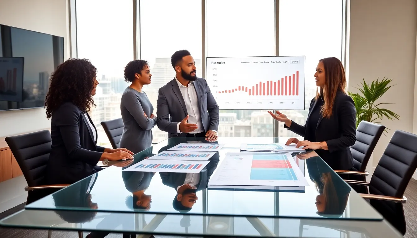 diverse real estate team discussing market trends in a modern office.