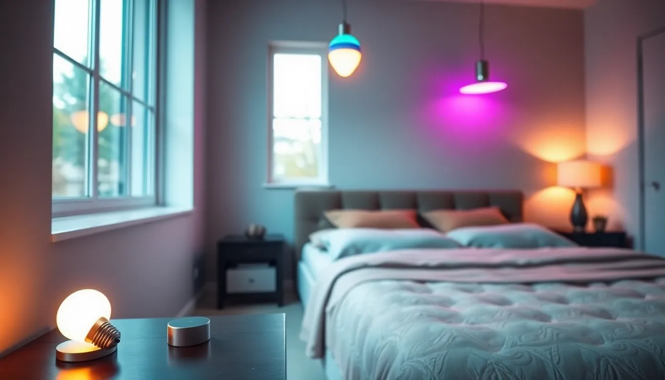 modern bedroom with smart lighting showcasing adjustable brightness and colors.